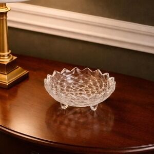 Vintage Fostoria American Cubist Glass Bowl 3 Footed Sawtooth Rim